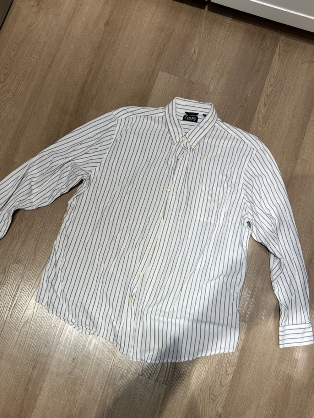Chaps White Linen Shirt with Navy Pinstripes / Bikini Cover